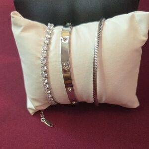 Silver-Tone Bracelet Trio with Crystal Tennis Bracelet